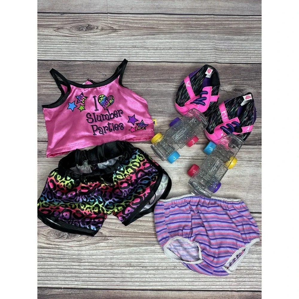 Build A Bear Pajamas PJs Cheetah Leopard Sleep Teddy Set Rainbow Shoes, Skates
